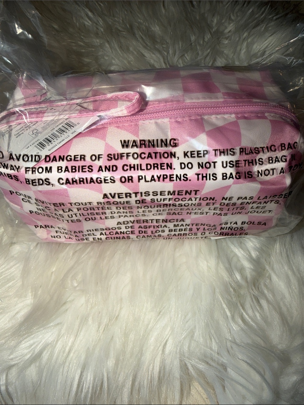 Pink Checkered Travel Cosmetic Pouch with Wrist Strap